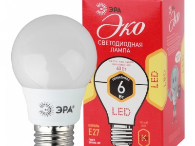 Светодиодная лампа ECO LED A55-6W-827-E27 ЭРА (диод, груша, 6Вт, тепл, E27)